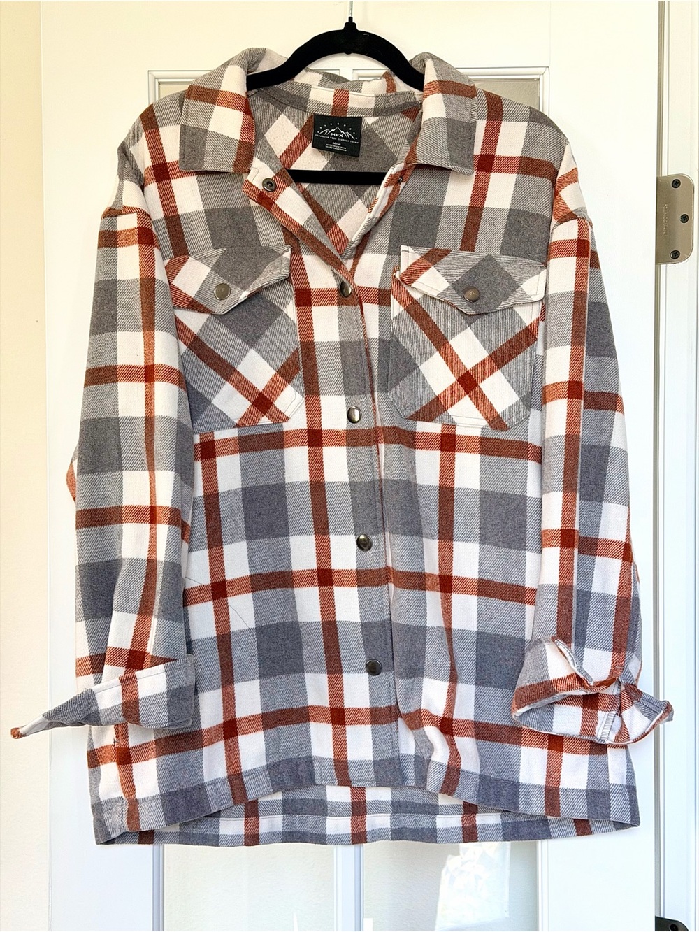 Women's Plaid Utility Shacket in Gray, White & Brown